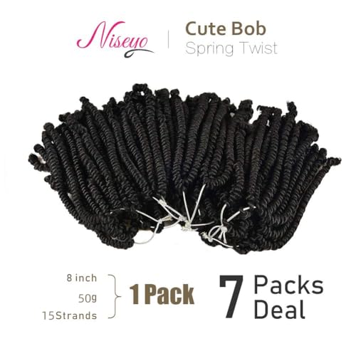 Niseyo Pre twisted Bob Spring Twist Hair 8 Inch 7 Packs Short Pre-looped Crochet Braid (1B, Natural Black)