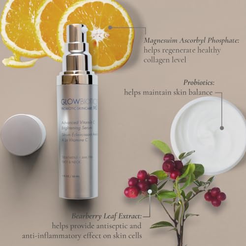Glowbiotics Advanced Vitamin C Brightening Serum with Probiotics & Hyaluronic Acid ? Collagen Boost, Reduces Wrinkles & Dark Spots, Evens Tone ? Airless Pump