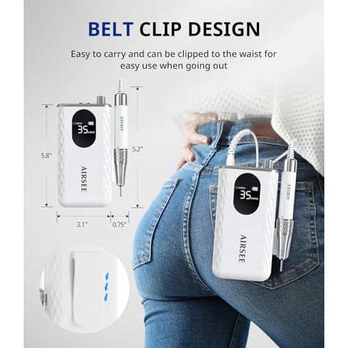 AIRSEE Updated Professional Nail Drill,Rechargeable Cordless Efile Machine for Acrylic Extension Gel Dip Powder Powerful Portable Efile 56 Sanding Bands 7 Bits,Low Noise Low Heat,G7 White