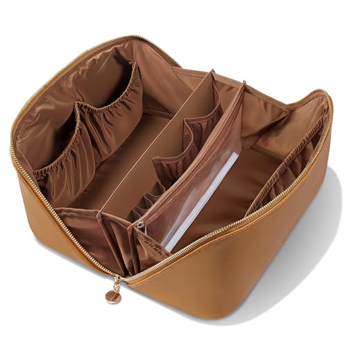 Travel Makeup Bag, Large Capacity Cosmetic Bags for Women, Waterproof Portable Pouch Open Flat Make up Organizer Bag with Dividers and Handle, Toiletry Bag for Essentials