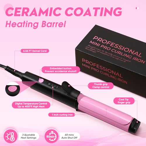 1 Inch Mini Curling Iron, Ceramic Travel Wand Curler for Short Hair with Dual Voltage, Portable Curling Iron with Glove, 3 Heat Settings, Auto Shut Off