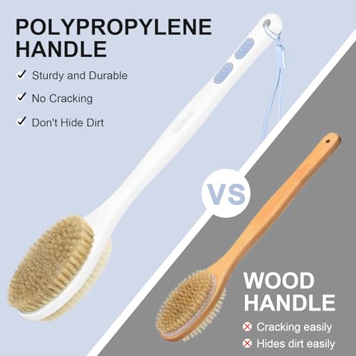 Back Scrubber for Shower with Long Handle, Exfoliating Bath Brush for Body - Double Sided Bristles (Stiff & Soft), Anti-Slip Grip, Lightweight - Gift for Seniors, Includes Lanyard & Hook, Blue