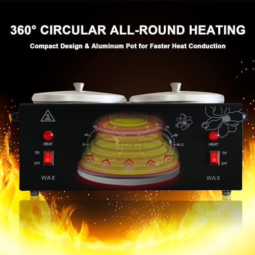 Black Double Pots Wax Warmer Professional Melted Wax Beads for Hair Removal,Fast Electric Wax Heater with Adjustable Temperature Set for Women (Black-Double Pots)