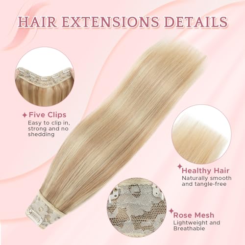 One Piece Clip in Hair Extensions 100% Real Human Hair 3/4 Full Head Hair with Upgraded V-Shaped Weft 5 Clips in Hair Extensions for Women, £¨22 Inch, #18P613 Ash Blonde Mixed Bleach Blonde£©