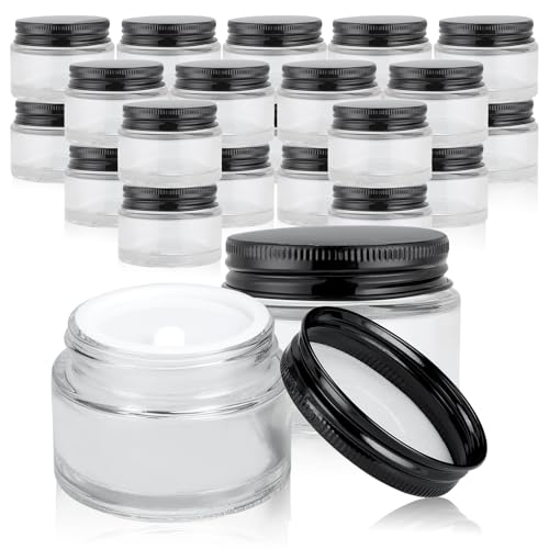 24 Pack 2oz Clear Glass Jars Small Glass Containers with Black Metal Lids Empty Cosmetic Jars with Inner Liners and Lids Clear Glass Lotion Jars with Labels for Traveling