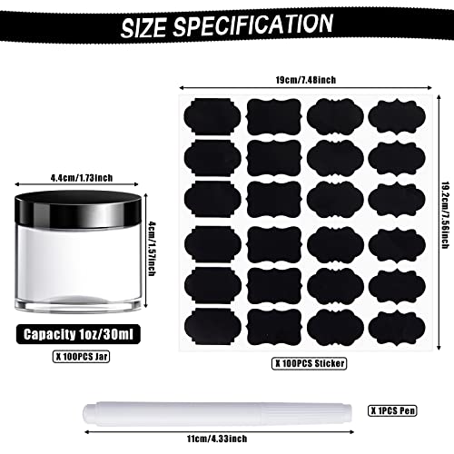 100 Set Plastic Jars Makeup Travel Makeup Container with Lids Small Storage Containers for Creams Toiletries Chalkboard Label Stickers Marker(1 oz,Black)