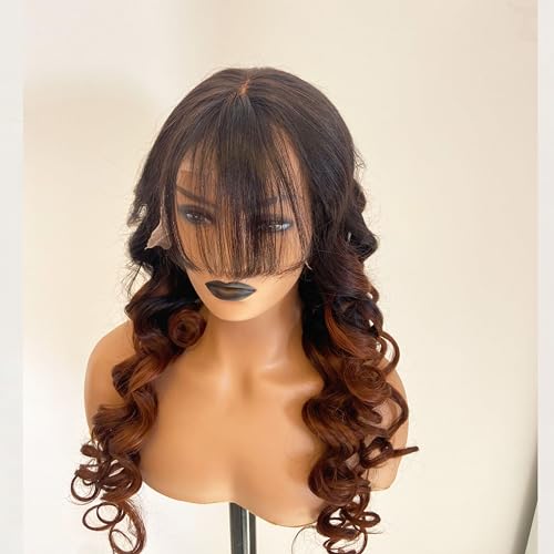 1b30 Ombre Brown Layered Cut Wavy Human Hair Wig With Bangs 13X6 HD Invisible Lace Front Wig Pre Plucked For Women Glueless Wig Brazilian Remy Hair With Baby Hair 150% Density 14 Inches