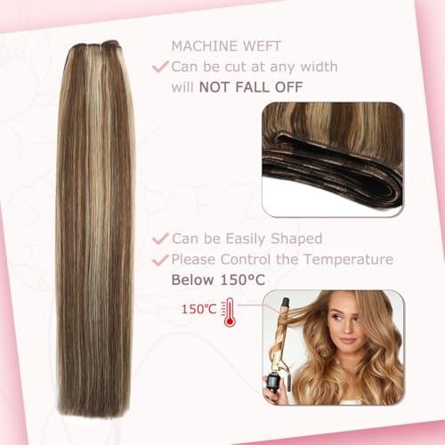 Sindra Weft Hair Extensions Chocolate Brown Mixed Caramel Blonde Sew in Extensions Real Human Hair 22 Inch 100g/pack Double Weft Silky Straight (wt#4p27 22inch)
