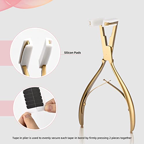 NEWISHTOOL Tape in Hair Extension Tools Kit, Stainless Steel Tape Sealing Pliers Fine Tail Comb Hair Clips & Pads for Human Hair Extension Tape Sealing, Gold Flat Surface Taping Clamp Plier