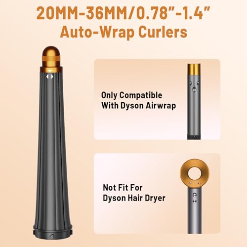 Hair Long Conical Barrel for Dyson Airwrap, 0.78-1.4Inch/ 20-36mm Conical Long Curling Barrels Compatible with Airwrap HS01/05, Self-Curling Hair Roller Curlers Attachment, Gold