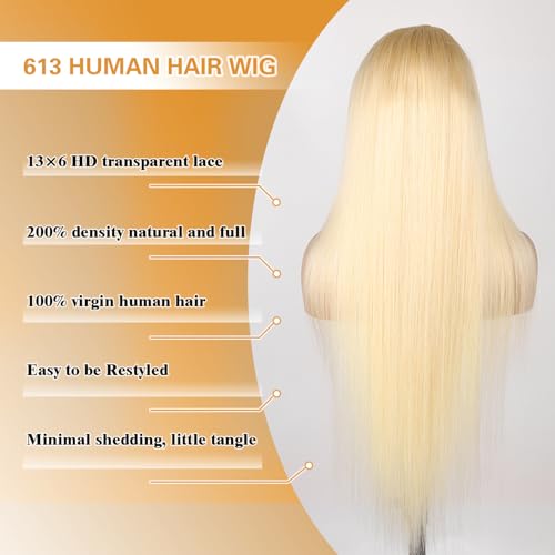 32 Inch 613 13x6 Lace Front Wig Human Hair 200 Density HD Transparent Blonde Straight Human Hair Wig 613 Lace Front Wig Human Hair Pre Plucked for Women 613 HD Lace Frontal Wig 13x6