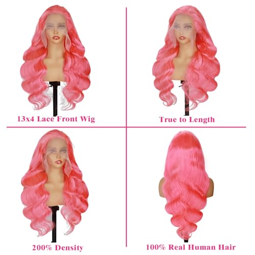 Pink Lace Front Wig - Human Hair, 13x4, 200 Density HD, Transparent Body Wave, 26 Inch