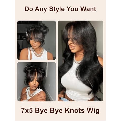 UNICE Loose Wave 7x5 Lace Front Wigs Human Hair with Curtain Bangs Bye Bye Knots Glueless Human Hair Wig Pre Plucked Pre Cut Bleached Knots Put on and Go Wig for Women 180% Density 18 Inch