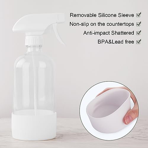 Glass Spray Bottles for Cleaning Solutions, 16oz Reusable Clear Empty Mist Spray Bottle with Silicone Sleeve for Hair, Plants and Essential oils 2 Pack