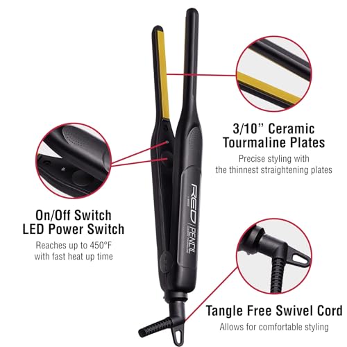 Kiss Red by Pencil Flat Iron Hair Straightener, 0.3 Inch, Ceramic