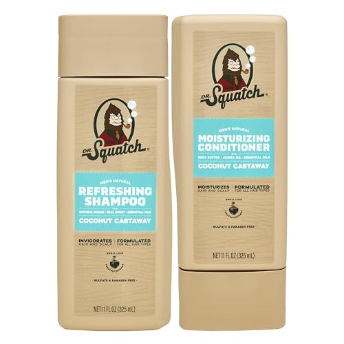 Dr. Squatch Natural Hair Bundle for Men - Healthy, Full Looking Hair - Coconut Castaway Shampoo (8 fl oz), Coconut Castaway Conditioner (11.5 fl oz)