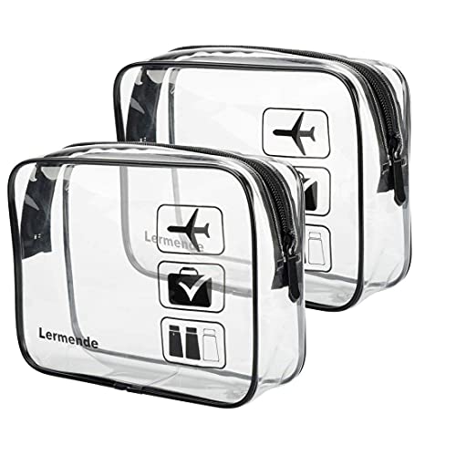 Lermende 2pcs Clear Toiletry Bag TSA Approved Travel Bag,Carry On for Travel,Airport Airline Accessories Compliant Bag,Quart Sized Makeup Cosmetic bag Women Men (Black, 2 Pack)
