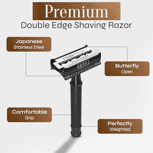 Fac?n Double Edge Safety Razor for Men & Women - Butterfly Open Stainless Steel Razor w/ 50 Platinum Double Edge Safety Razor Blades, Single Blade Razor for Smooth Close Shave, Reusable & Eco-Friendly