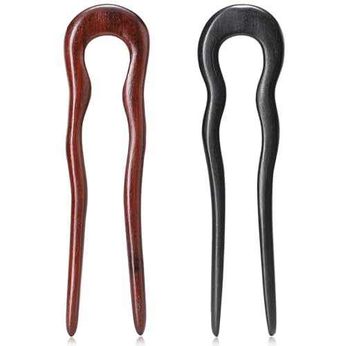 Noverlife 2PCS Wooden U Shaped Hairpins for Long Hair, Handmade French Hair Stick Vintage 2-Prong Wave Hair Forks, Ebony Sandalwood Hair Chopsticks Elegant Chignon Pins for Women Bun Updo Hairstyle