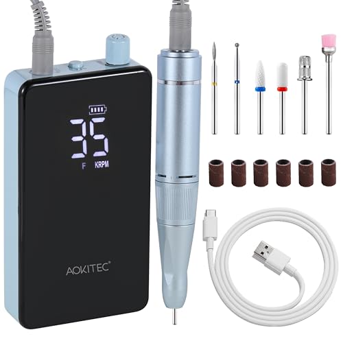 Aokitec Portable Nail Drill Professional - 35000RPM Electric Rechargeable Nail Drill Machine with Drill Bits Sanding Bands E File Kit for Acrylic/Gel Nails Removal Manicure Pedicure Kit, Blue