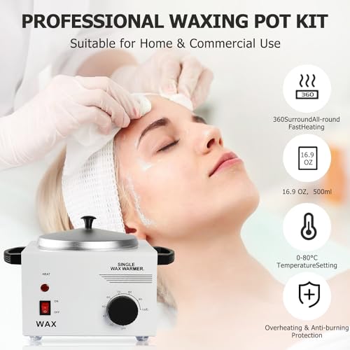 Wax Warmer Kit For Hair Removal, Professional Waxing Kit with 50pcs Waxing Sticks Single Wax Warmer Electric Heater For Women & Men, Facial Skin Body SPA Salon Equipment