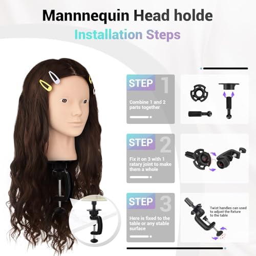 Mannequin Head with 80% Human Hair, 26" Straight Hair Manikin Head, Training Doll Head for Cosmetology & Makeup Practice Real Hair with Clamp Holder and Styling Kits (Dark Brown)
