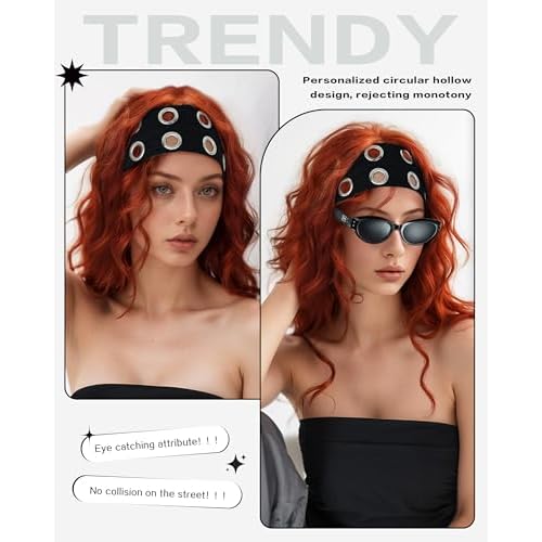 Grommet Headband for Women, Wide Black 20cm Hollow Out Elastic Hair Band, Eyelets Punk Grunge Stylish Hairband