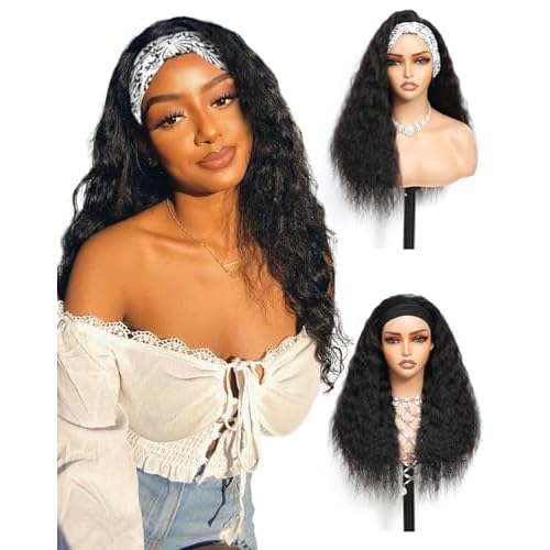 Headband Wig Human Hair Super Wave 24 inch None Lace Front Wig Human Hair Machine Made Wigs Glueless Water Wave Hair Headband Wigs for Black Women Human Hair Natural Color