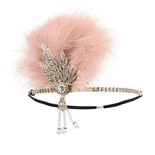 STIOEDYUAN 20s Flapper Feather Headband Art Decor Gatsby Rhinestone Leaf Medallion imitation Pearl Headpiece Hair Accessories