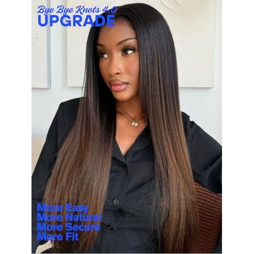 Nadula Chestnut Brown Ombre Yaki Straight Bye Bye Knots Glueless Wig Human Hair with Elastic Drawstring,Highlight Pre Cut 7x5 Invisible Knots HD Lace Front Wigs,Pre Everything Light Yaki Wig 20inch
