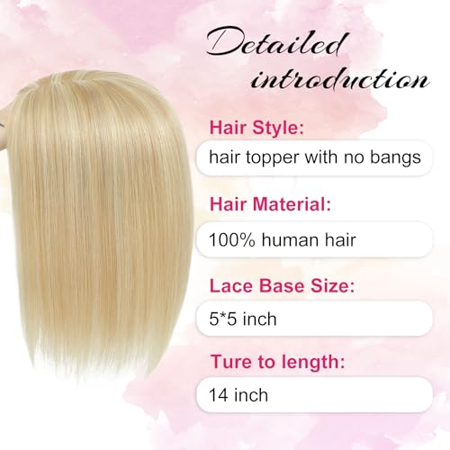 Hair Toppers for Women Real Human Hair 14 Inch No Bangs 65 Gram 100% Real Human Hair Toppers for Women with Thinning Hair 5x5 Hand-Tied Breathable Swiss Lace Base Blonde 3 Clips in Hair pieces,#18/613