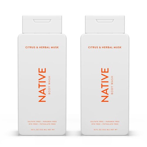 Native Body Wash Contains Naturally Derived Ingredients | For Women & Men, Sulfate, Paraben, & Dye Free Leaving Skin Soft and Hydrated | Citrus & Herbal Musk 18 oz - 2 Pk