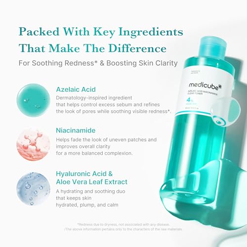 medicube Azelaic Acid Niacinamide Clarifying Toner | Troubled Skin Care, Ideal for Purifying & Calming | 4% Azelaic Acid & 2% Niacinamide| Soothing Daily Toner | Korean Skin Care | 8.45 fl.oz