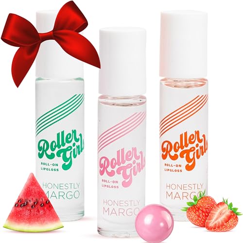 Honestly Margo Roller Girl Roll-On Lip Gloss Set (Strawberry Amber, Watermelon Alexis, Bubblegum Destiny - Pack of 3) ? Lip Gloss for Women with Hydrating Vitamin E & Moisturizing Shine, Non Stick