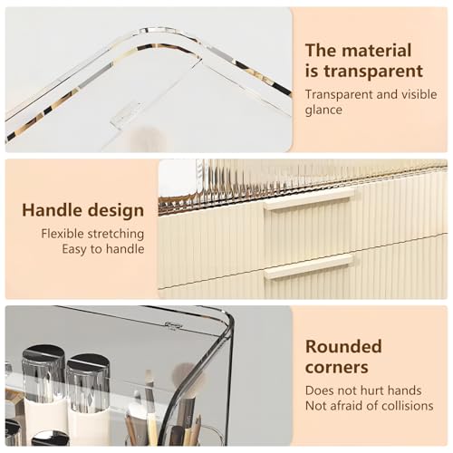 DASITON Clear Dustproof Two layers Storage Box,Makeup Brush Holder,Large Capacity Desktop Storage Box with Drawer,for Beauty Products,Perfume,Jewelry,Nail Polish