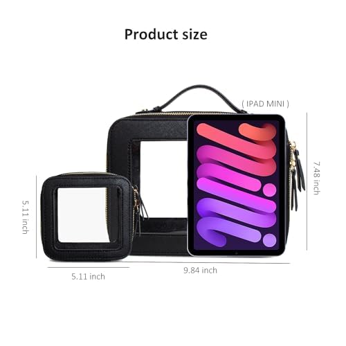 LETGO Clear Makeup Bag Set,Portable Travel Toiletry Bag Cosmetic Case for Women,Vegan Leather Make Up Pouch Organizer Car Bag for Essentials(Mini+Large Black)