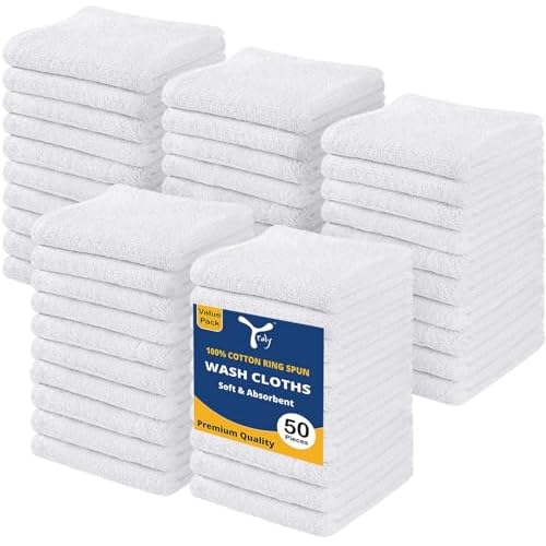 Cotton Washcloths Set - Premium Quality Face Cloths, 100% Cotton Ring Spun, Soft & Absorbent Towels for Body (50 Pack, White)