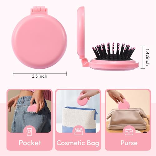 9 Pack Mini Hair Brush Foldable Travel Hair Brushes with Mirror Round Portable Folding Pocket Hair Brush Mini Comb Compact Travel Size Massage Comb for Men Women
