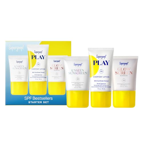 Supergoop! SPF Bestsellers Starter Set - Includes PLAY Everyday Lotion SPF 50 (1 fl oz), Unseen Sunscreen SPF 40 (0.5 fl oz) & Glowscreen SPF 40 (0.5 fl oz)