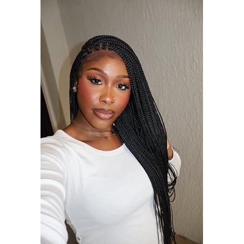 36" Knotless Micro Box Braided Wig for Black Women - 200 Strands Pre Cut Real Swiss HD Full Lace with Human Baby Hair - Black
