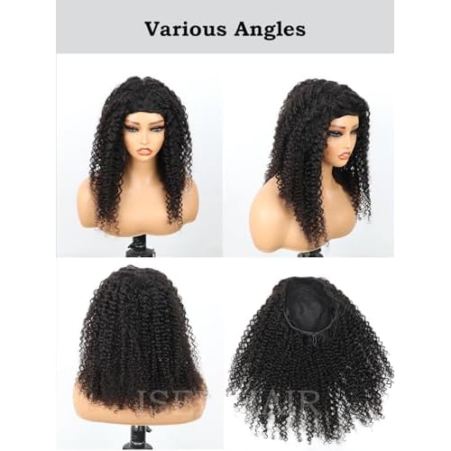 ISEE Half Wig Human Hair Glueless Wigs Upgrade 3 IN 1 Half Wig With Drawstring Seamless Clip Ins Flip Over Kinky Curly Human Hair No Glue No Lace For Women 180% Density 18 Inch