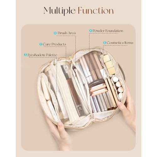 Vlando Makeup Bag,Large Capacity Travel Toiletry Bag,Cosmetic Bags for Women PU Leather Waterproof Portable Pouch with Divider & Handle-Toffee