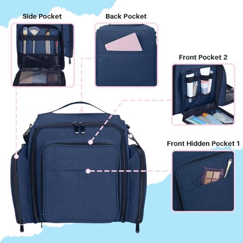 Large Makeup Bag Cosmetic Case Organizer with 3 Inner Removable Pouches Multifunctional Travel Train Storage,Blue