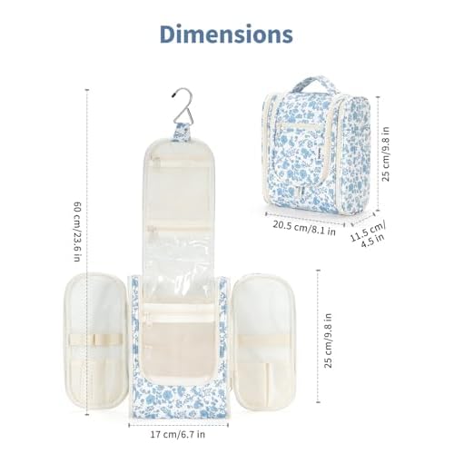 Narwey Hanging Toiletry Bag Women Travel Makeup Bag Organizer Toiletries Bag for Travel Size Essentials Accessories Cosmetics (Medium,Little Blue Flower)
