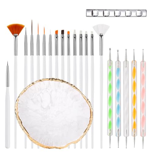 Nail Art Brush 22 Piece Set, 2 Way Acrylic Silicone Engraving Pen Dotting Pen Tools Nail Art Kit, Resin Nail Art Palette, For Nail Art DIY Home Salon Makeup Display Board (White)