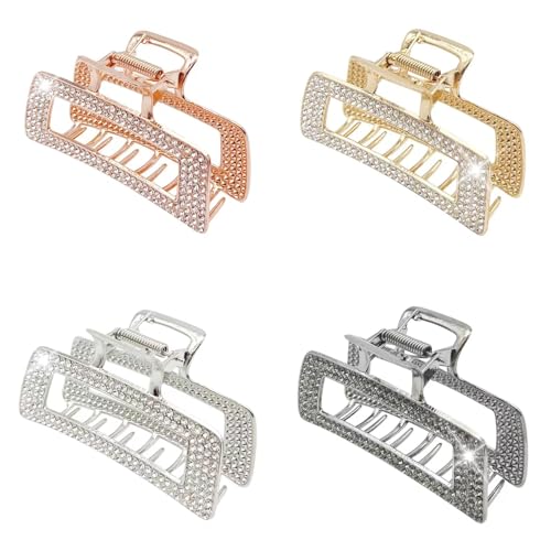 3.5 Inch Square Metal Large Claw Clips, 4 Pack Rhinestones Hair Clamps for Women and Thinner,Thick hair styling,Strong Hold jaw clips