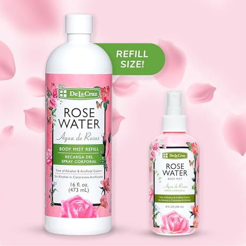 De La Cruz Pure Rose Water Body Mist,Rosewater Spray for Face, Skin & Hair, Rose Toner & Rose Water for Hair Alcohol Free, Paraben Free 16 fl oz (1 Bottle)