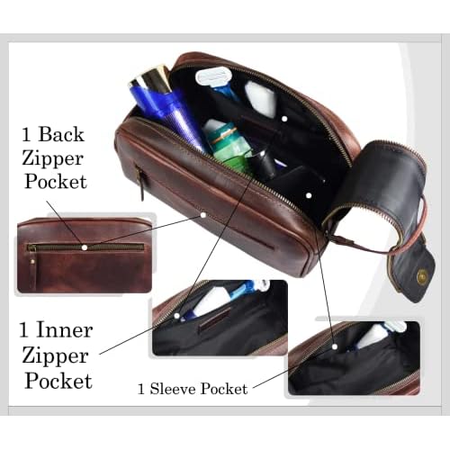 Leather Toiletry Bag for Men | Grooming Travel Kit | With Waterproof Lining | By Aaron Leather (Dark Brown)