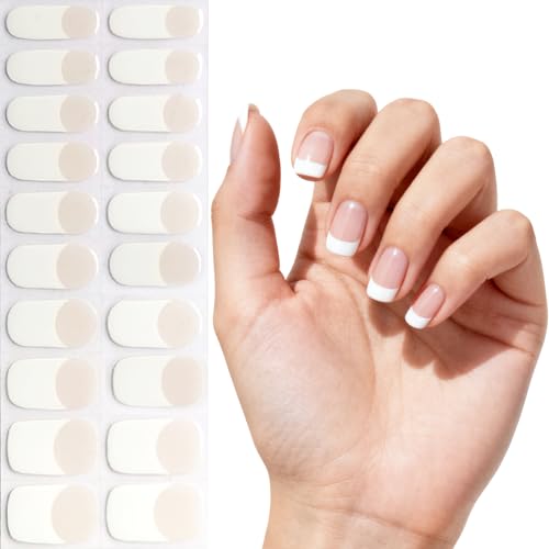 Semi Cured Gel Nail Strips - White French Tip with Clear Base, 20 Pcs DIY at Home Nail Art, UV/LED Lamp Required, Beginner Friendly & Salon Quality Manicure
