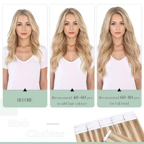 Rich Choices Tape in Hair Extensions Human Hair, 40pcs 100g 100% Remy Tape Hair Extensions Real Human Hair,Seamless Tape in Hair Extension 22 Inch #12P613 Golden Brown Highlighted Bleach Blonde